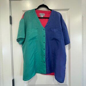 Vintage Silk Exchange Colorblock Silk Blouse L Blue Pink Green Retro Chic Y2K